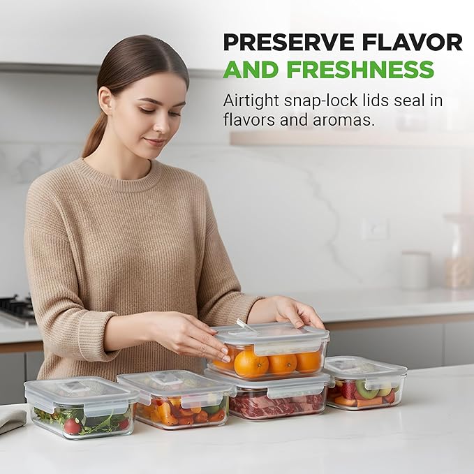 NutriChef 10 Piece Glass Food Storage Containers with Lids – 30 oz Meal Prep Containers Reusable – Airtight Glass Lunch Containers for Food Storage – Freezer to Oven Safe - Gray