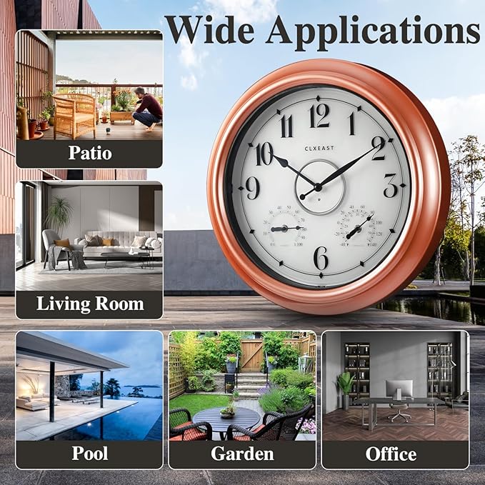 CLXEAST 18 Inch Illuminated Outdoor Indoor Clocks with Smart Sensor,Modern Farmhouse Lighted Wall Clock with Temperature and Humidity for Patio, Garden Decor,Copper/Rose Gold Finish
