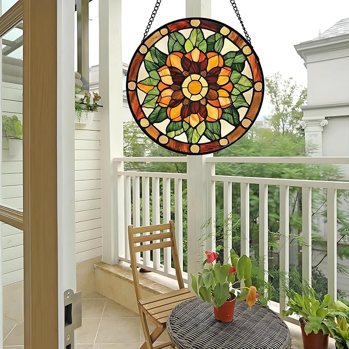 Stained Glass Window Hanging - Yellow Green Boho Style Flowers Sun Catcher for Door Garden Home Decor Suncatcher Christmas Mother's Day Birthday Gifts for Women Mom Girl Nana Friend 6.3 in