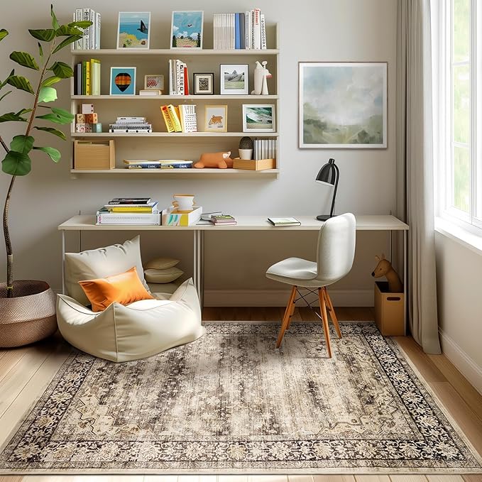 4x6 Area Rugs for Living Room Machine Washable Vintage Floral Boho Rugs Non Slip Stain Resistant Low Pile Soft Faux Fur Carpet Rug for Bedroom Patio Dining Room Home Office Kids Room,Hazel Brown