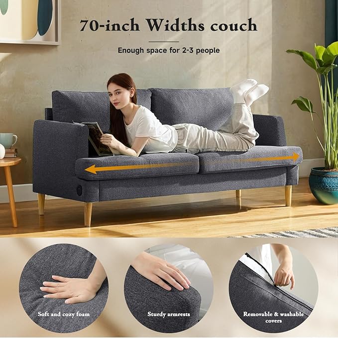 Loveseat Sofa Couch for Living Room with USB Type C Ports – Dark Gray Upholstered 70" Small Couches for Bedroom, Office or Apartment–Modern 2-Seater Deep Seating with Soft Cushions & Sturdy Frame