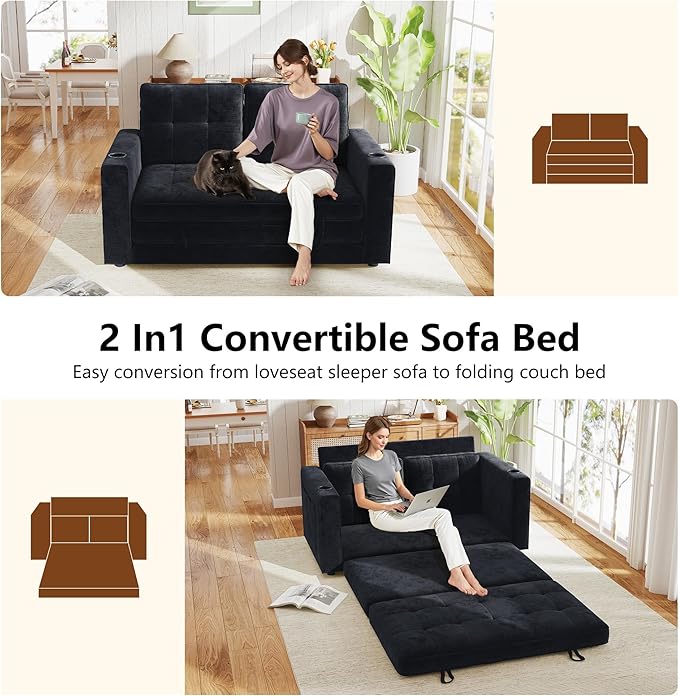 WorthFurni Convertible Sofa Bed, Folding Sofa Bed 2 in1 Pull Out Loveseat Sleeper Sofa, Floor Sofa Bed for Small Spaces Folding Couch Bed with Pillows for Living Room Bedroom - Black