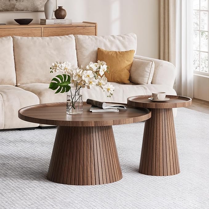win2win Nesting Coffee Table Set of 2, Mid Century Modern Coffee Table with Wood Grain Veneer, Fluted Round Tea Table and End Table Set, Minimalist Center Tables for Living Room, Office, Walnut
