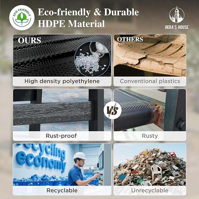 HERA'S HOUSE HDPE Patio Furniture Set, 4-Piece Outdoor Wicker Conversation Couch Set with Thick Cushion, All-Weather Patio Sofa Set for Backyard Garden Deck, Wood Grain Coffee Table