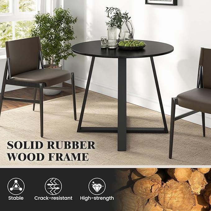 COSTWAY 36 Inch Round Table, Kitchen Table for 4 People with Rubber Wood Frame, Pedestal Base, Farmhouse Rustic Table for Living Room Restaurant, Black