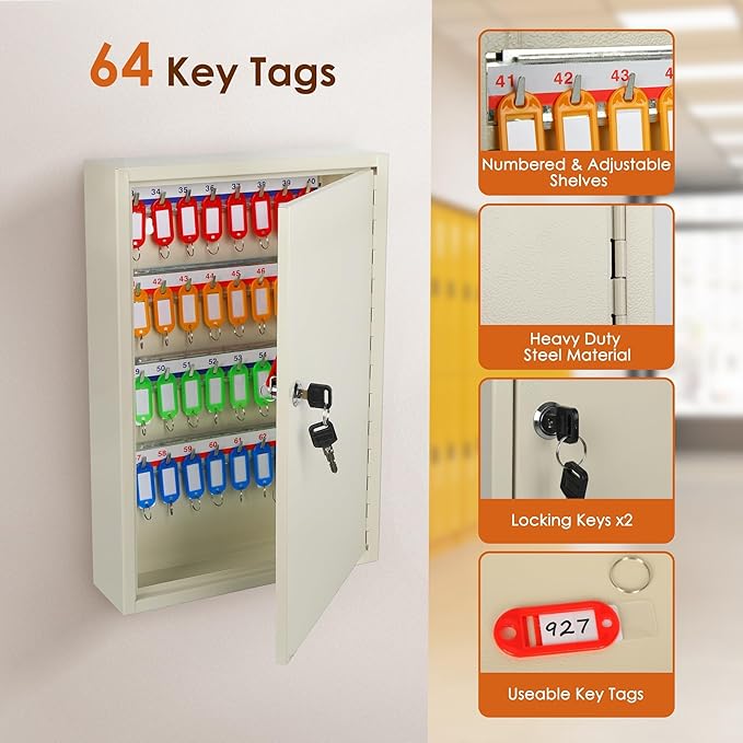 ORIENTOOLS Key Box Steel Key Safe Cabinet, Wall Mount Key Holder Lock Box with Key Tags, Key Organizer Ideal for Home, Hotels, Valets and Office Key Storage (64 Keys, White)