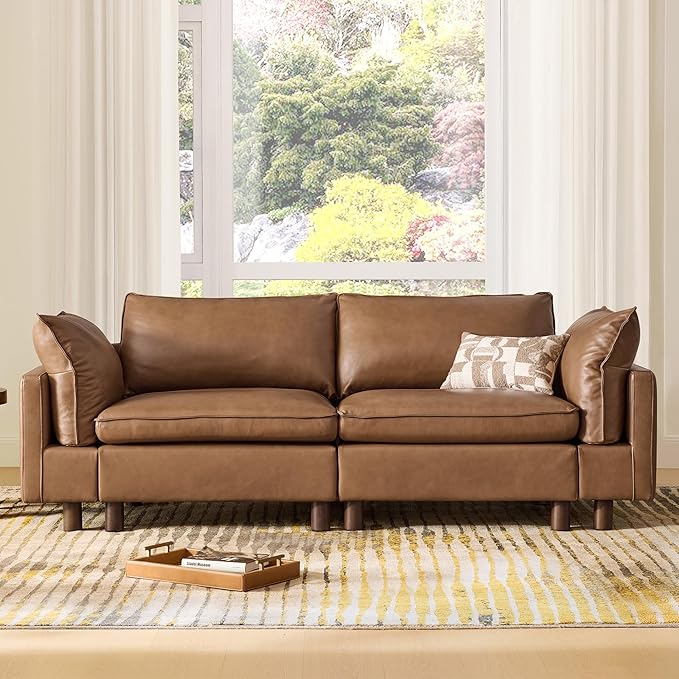 CHITA 92" Super Large Sectional Couches for Living Room, Modular Cloud Couch Sectional Sofa, Premium Genuine Leather Sofa, Down Filled, High Density Foam, Real Leather in Saddle, 2 Seater Loveseat