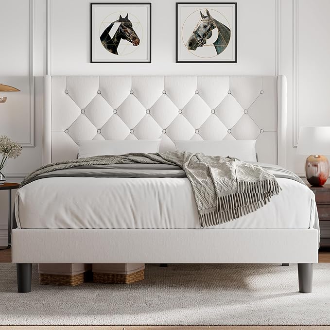 iPormis Full Size Velvet Platform Bed Frame with Button Tufted Headboard, Upholstered Bed Frame with Solid Wooden Slats, 8" Underbed Space, No Box Spring Needed, Noise Free, Easy Assembly, White