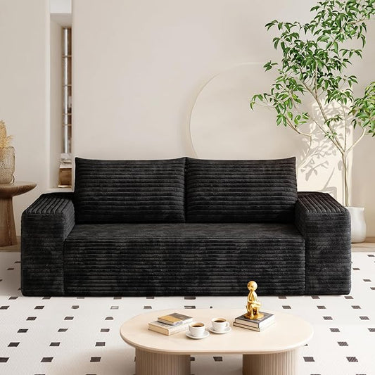 71" Corduroy Loveseat Sofa, 3-Seater Cloud Couch, Boneless Couch in a Box, Comfy Deep Seat Sofa with Memory Foam, Pillows and Wide Armrests, Modern Small Couches for Small Spaces, No Assembly (Black)
