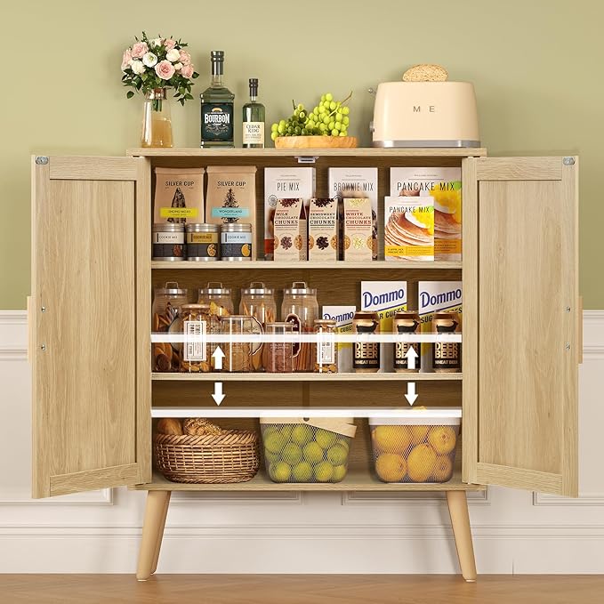 Iwell Storage Cabinet with 2 Shelves, Rattan Cabinet with 2 Doors, Sideboard Buffet Cabinets with Storage for Living Room, Dining Room, Entryway, Natural