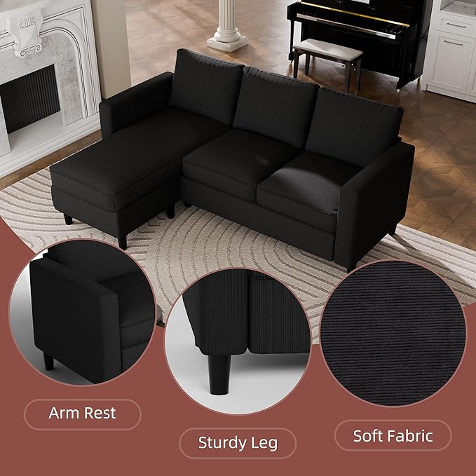Nuturelly Convertible Sectional Sofa Couch with Movable Ottoman, 3-Seater Modern L-Shaped Sofa for Small Spaces, Soft Fabric Couch for Living Room, Small Apartment & Office(Black)