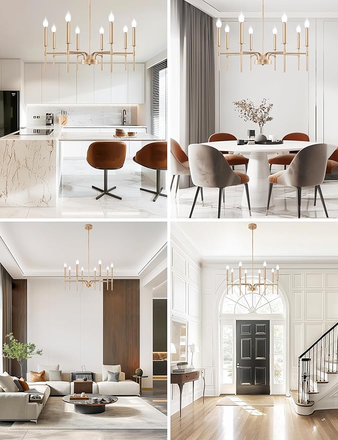DORESshop Modern Chandelier for Dining Room, 8-Light 26.8" Gold Modern Chandelier for Dining Room, Adjustable Height Light Fixtures Over Table for Bedroom Kitchen Island Living Room