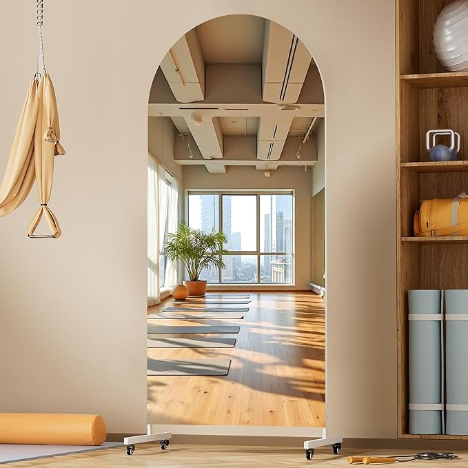 Hasipu 71" x 28" Arched Rolling Home Gym Mirror with Wheels, 360° Swivel Body Mirror with HD Tempered Glass, Large Floor Mirror for Yoga Room, Dance Studio, Bedroom & Home Gym