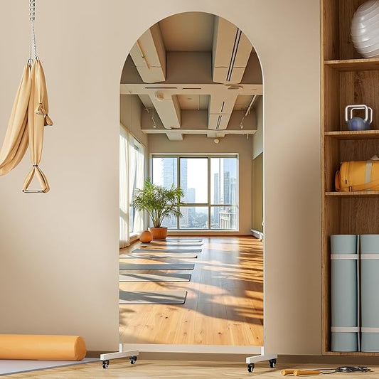 Hasipu 71" x 28" Arched Rolling Home Gym Mirror with Wheels, 360° Swivel Body Mirror with HD Tempered Glass, Large Floor Mirror for Yoga Room, Dance Studio, Bedroom & Home Gym
