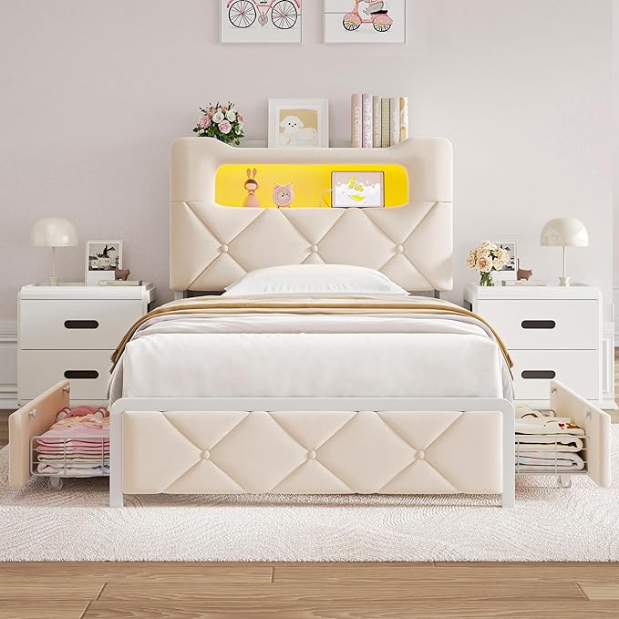 Twin Upholstered LED Bed Frame with 2 Storage Drawers and 2-Tier Storage Bookcase Headboard, Velvet Princess Platform Bed for Kids/Girls/Boys, Heavy Duty Metal Support, No Box Spring Needed, Beige