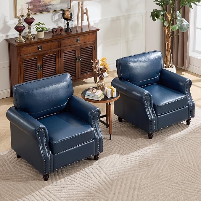 WILLOVE Accent Chair Set of 2, Faux Letaher Arm Chair, Reading Chair for Living Room, Bedroom & Offcie, Blue