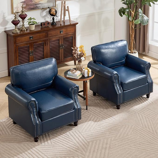 WILLOVE Accent Chair Set of 2, Faux Letaher Arm Chair, Reading Chair for Living Room, Bedroom & Offcie, Blue