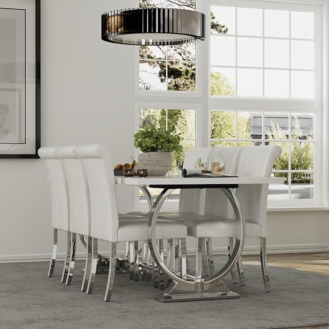 ACEDÉCOR 80" White and Silver Dining Table for 6-8, Modern Large Rectangular Lacquer Top and Chrome Metal U Shaped Base