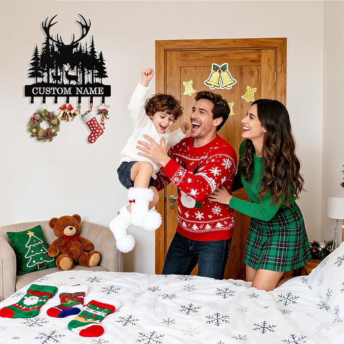 Personalized Deer Forest Key Holder Wall Mount, Custom Metal Keys Hanger for Wall with Name, Custom Key Rack Holder with Hooks for Entryway, Front Door, Hallway, Living Room, Kitchen