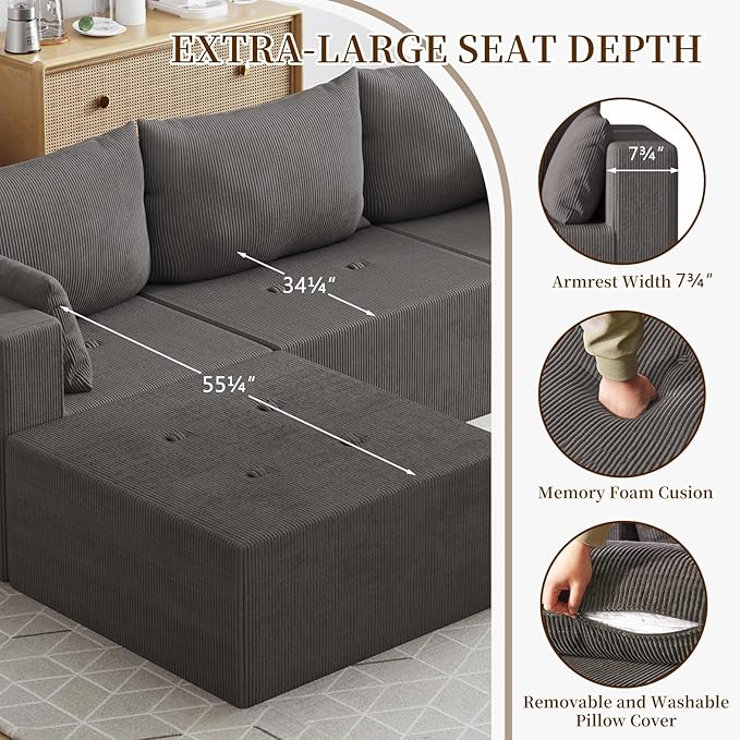 Cloud Boneless Sectional Sofa, Modular Sofa with Deep Seat, Modern Upholstered Couch with Chaise Lounge, Fluffy Comfy L-Shape Sectional Couch for Living Room, Black