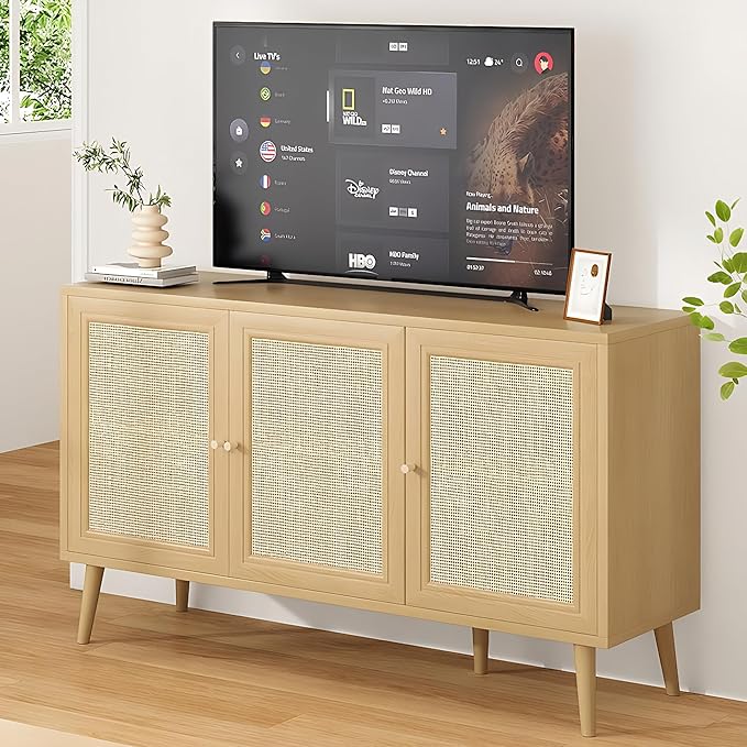 47" Rattan-Door Sideboard Cabinet with Shelf, 3-Door TV Stand Credenza Buffet with Generous Storage, Modern Accent Cabinet for Living Room & Kitchen, Natural Oak