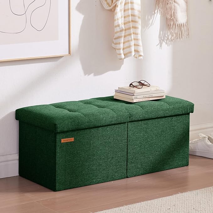 HAUSFRAU 31.5 Inches Ottoman with Storage Bench, Folding Ottoman Bench Small Foot Rest Stool, Bedroom Bench with Flipping Lid, Linen Green