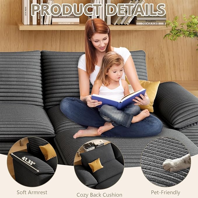 111" Cloud Sectional Couch with U-Shaped Chaise, Corduroy Sectional Sofa with Ottoman, Boneless Couch with Deep Seat in a Box for Living Room, No Assembly Required (Dark Grey)