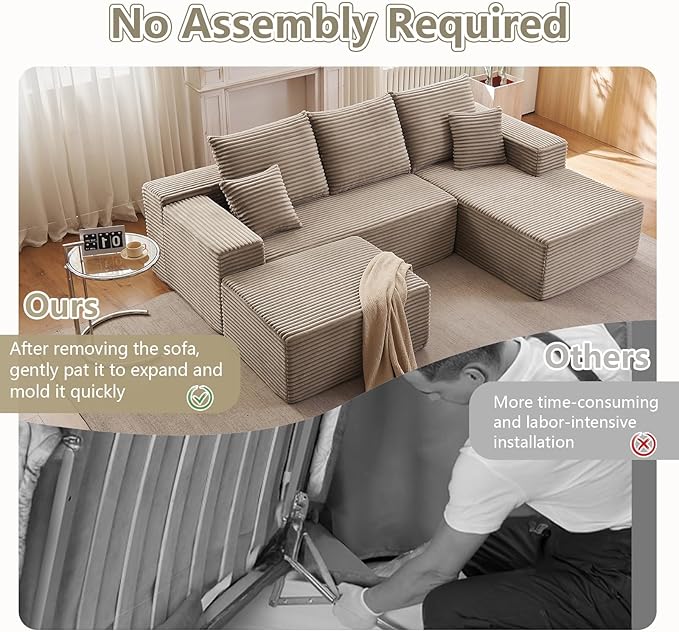 107" U-Shape Cloud Couch, Modern Modular Sectional Comfy L-Shape Sofa with Ottoman, Deep Seat, Upholstered Corduroy Sleeper Chaise Longue for Living Room Bedroom, No Assembly Required, Camel