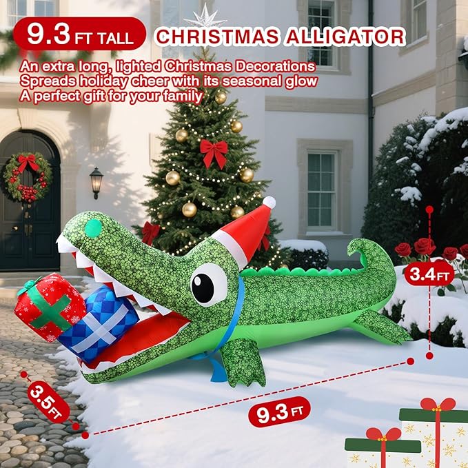 9.3 FT Christmas Inflatable Outdoor Decorations, Inflatables Christmas Crocodile Yard Decor with Christmas Hat & Gift Box, Built-in LED Lights Blow up Xmas Alligator for Outside Lawn Garden Indoor