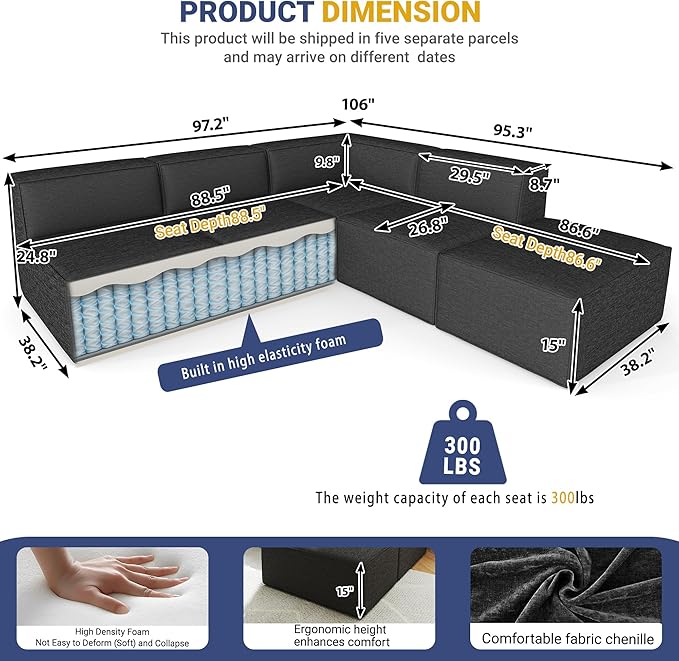97"+57" 5-Piece Modular Sectional Sofa Convertible Cube Thick Couch 2 3 4 Seat Set, L-Shape, No Assembly for Living Room (3xArmless+1xCorner+1xOttoman) Fabric Chenille Grey