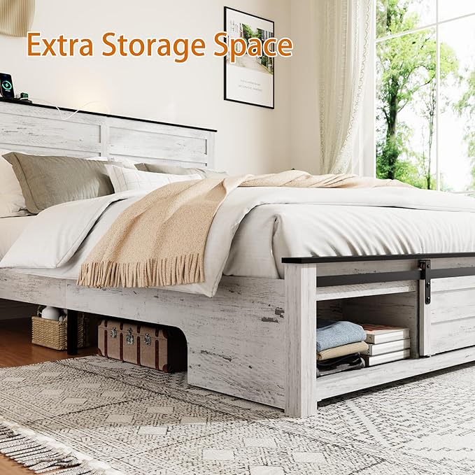 Wooden Full Size Bed Frame with Headboard, Boho White Farmhouse Storage Bedframe with Sliding Barn Door Footboard and Charging Station, Wood Slats, No Box Spring Needed