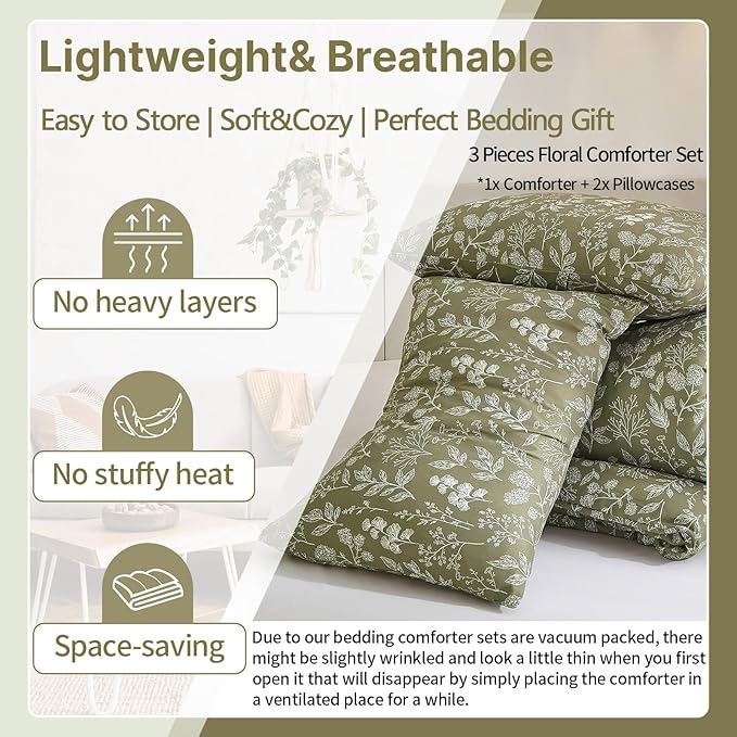 EAVD Fresh Botanical Floral Comforter Set King Dark Olive Green Soft Microfiber Chic Cute Garden Floral Bedding Comforter Set 1 King Comforter and 2 Pillowcases Botanical Comforter for All-Season
