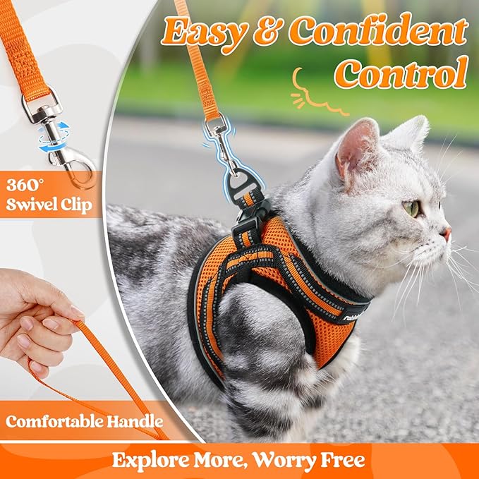 rabbitgoo Cat Harness and Leash Set for Walking Escape Proof, Adjustable Soft Kittens Vest with Reflective Strip for Cats, Comfortable Outdoor Vest,Light Orange,S
