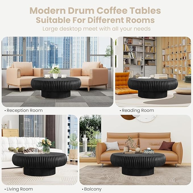 Round Fluted Coffee Table Modern Handcraft Drum Coffee Table with Sturdy Pedestal 39.37" Farmhouse Center Table Tea Table for Living Room, Reception Room, Entertainment Room (Black 39.37")