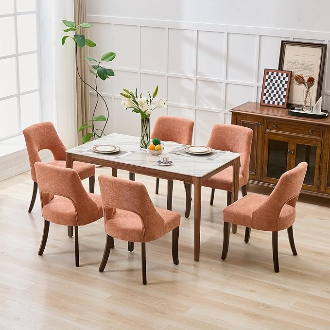 UVV Wooden Dining Chairs Set of 6, Mid Century Modern Upholstered Dining Room Chair Kitchen Chairs, Chenille Dinner Chair with Solid Wood Legs for Kitchen Dining Room, Orange-Chenille