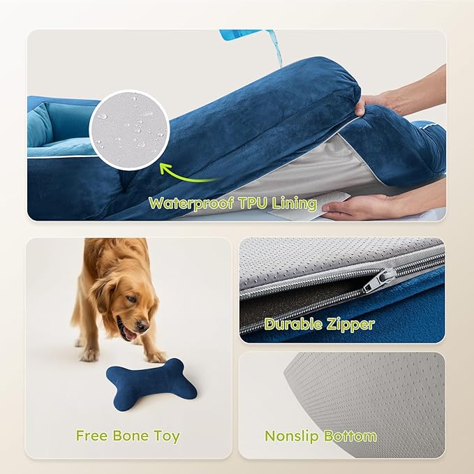 Dog Beds for Large Dogs, Orthopedic Dog Bed with Cooling Gel Memory Foam, Waterproof Large Pet Bed with Removable Washable Cover, 36" Pet Sofa Couch Dutch Velvet with Bone Toy, Navy Blue