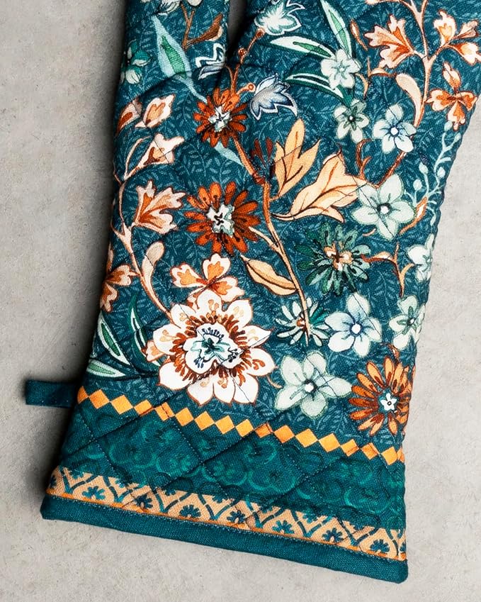 Maison d' Hermine 100% Cotton Oven Mitt & Pot Holder Set (7.5"x13" & 8"x8") Heat Resistant Cooking Gloves with Loop for Thanksgiving Christmas Decorations Handling Hot Pans (Luxury Loft - Dark Teal)