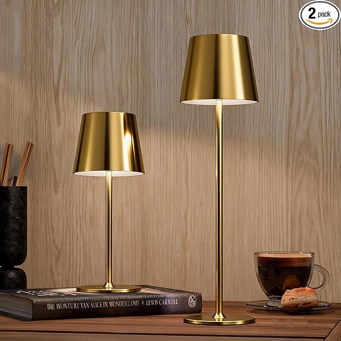 2 Pack Gold Cordless Table Lamp Rechargeable, Metal Small Bedside Table Lamp with 3 Adjustable Pole, 5400mAh Battery Operated Touch Lamp for Bedroom Kitchen Dining Waterproof & Portable