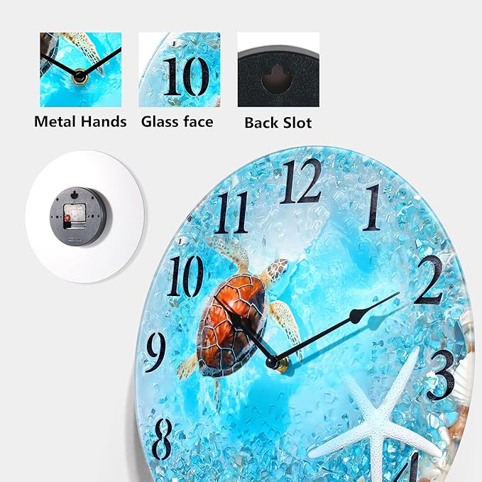 Coastal Nautical Glass Wall Clock with Seashell Design and Turtle Beach Theme - Battery Operated Silent Wall Decor for Home, Kitchen, Living Room, Office, Bedroom, or Bathroom (12 Inch,Blue)