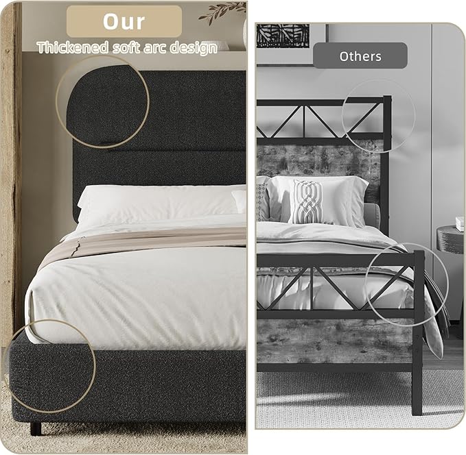 HOMBCK King Size Boucle Bed Frame, Upholstered Cloud Bed Frame with Headboard, Soft Platform Bed Frame with Thickened Footboard, Rounded Corners, No Box Spring Required, Easy Assembly, Black
