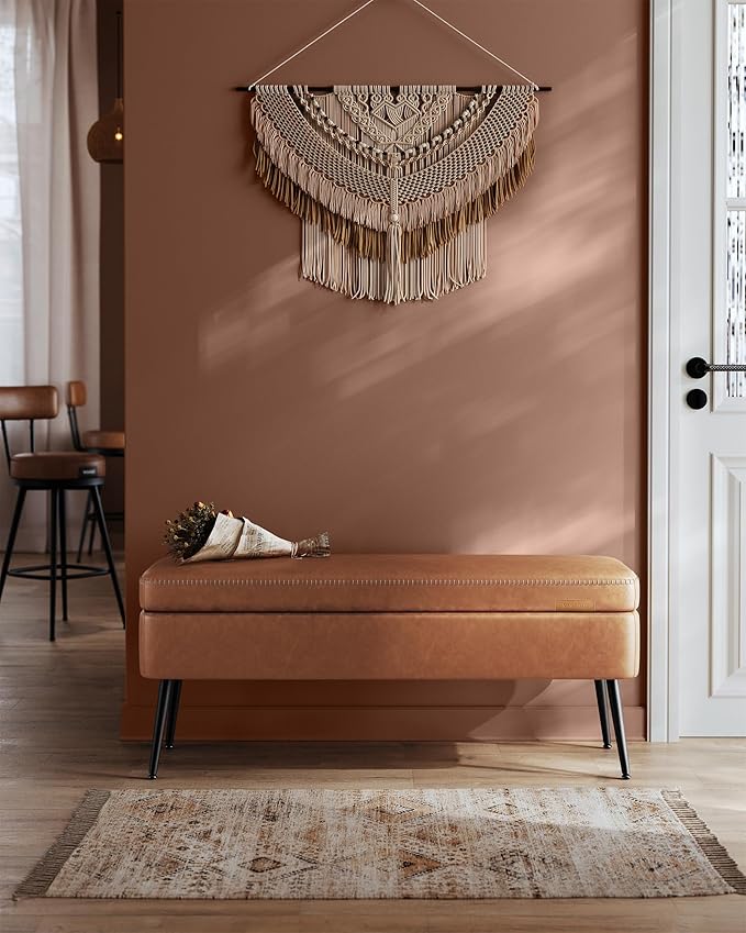 VASAGLE EKHO Collection - Storage Ottoman Bench, Entryway Bedroom Bench, 15 Gallons, Synthetic Leather with Stitching, Mid-Century Modern, Safety Hinges, Loads 660 lb, Caramel Brown ULOM074K01