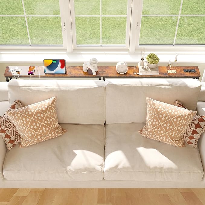 ELYKEN 2 Pack 5.9" Narrow Console Sofa Table with Power Outlets, Total 78.8” Long Behind Couch Table with Charge Station and 5.9’ Extension Cord for Living Room, 5.9"D x 78.8”W x 29.5”H, Rustic Brown