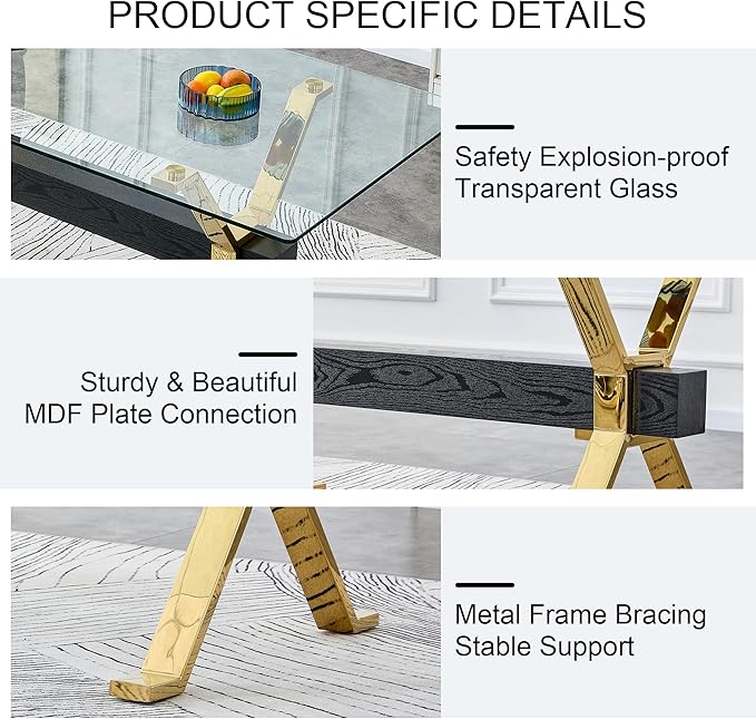 79" Glass Dining Table, Modern Kitchen Table, Modern Dining Table for 8, 0.5" Thick Tempered Glass Tabletop with Gold Chrome Metal Legs and Black Crossbar, Ideal for Dining Room, Kitchen