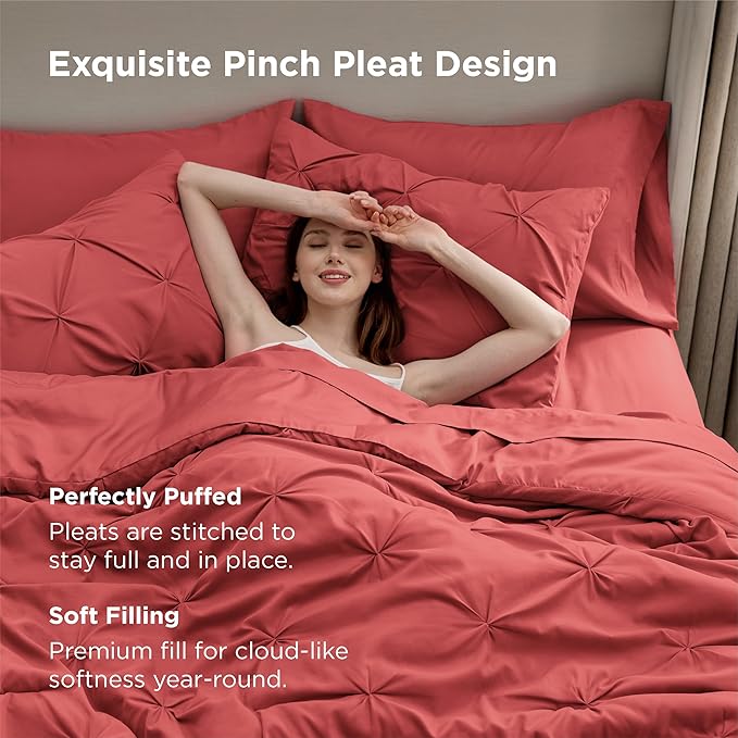 Bedsure King Size Comforter Set Coral Red - Bed in a Bag Bedding Set 7 Pieces, GentleSoft™ Pintuck Bed Set Gift for Family, Pinch Pleat Coral Red Comforter with Sheets, Pillowcases & Shams
