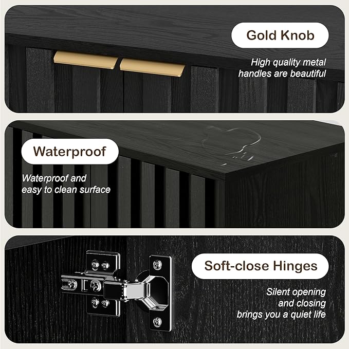 Fluted Cabinet with Storage, Small Buffet Cabinet Sideborad with Door, Kitchen Buffet Storage Accent Cabinets with Adjustable Shelves for Living Room, Entry, Hallway,Black