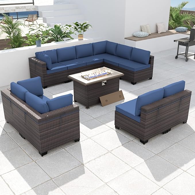 Kurapika 11 Pieces Patio Furniture Set, Rattan Wicker Outdoor Conversation Sets w/43in Propane Fire Pit Table and 4 Inch Cushion(Navy Blue)