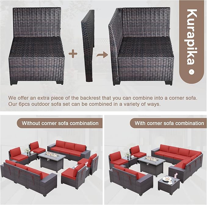 Kurapika 13 Pieces Patio Furniture Set, Rattan Wicker Outdoor Conversation Sets w/43in Propane Fire Pit Table(Red)