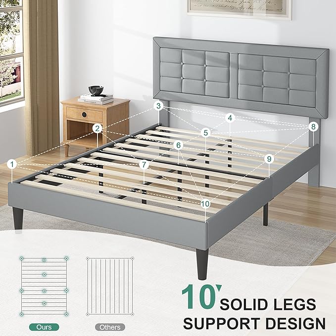VECELO Queen Size Bed Frame with Adjustable Headboard, Upholstered Button Tufted Platform Bedframe with Wood Slats Support, No Box Spring Needed, Light Grey
