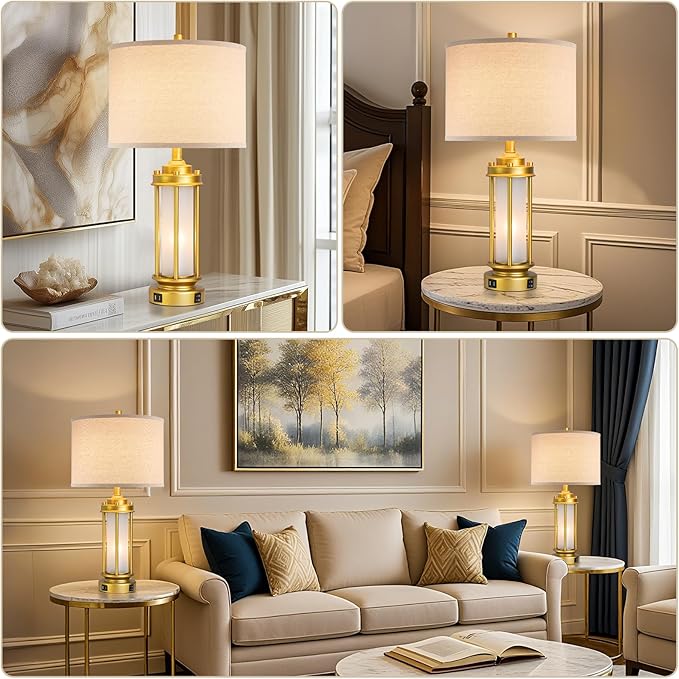 Set of 2 Modern Table Lamps for Living Room, Farmhouse Vintage Bedside Lamp with 2 USB Ports Glass Nightlight, Gold Nightstand Desk Lamps for Entryway Bedroom Dresser, 4 Bulbs Included