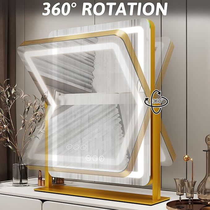 FENNIO Vanity Mirror with Lights 22 Inch- LED Lighted Makeup Mirror,Large Makeup Mirror with Lights,Touch Screen with 3-Color Lighting,Led Mirror Makeup,Dimmable(Gold)